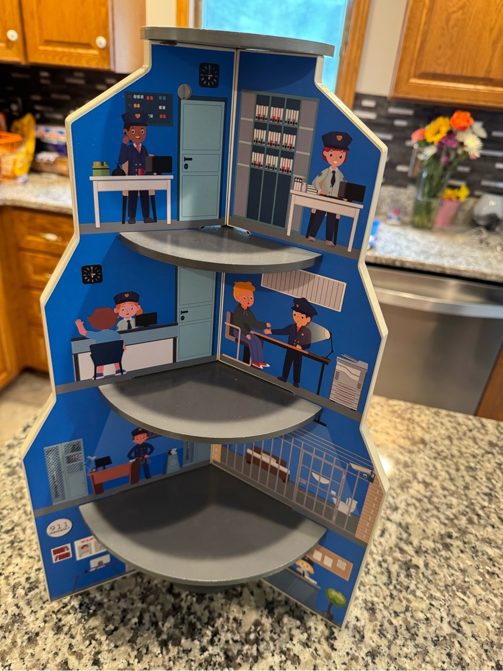 3 sided Children's Police fire ER Station Playset Shelf - Blue and Gray